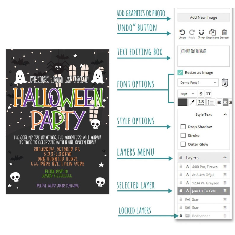 May include: A black and white Halloween party invitation with a spooky design. The invitation features a black background with white stars, bats, and ghosts. The text reads "Please join us for a Halloween Party". The invitation also includes the date, time, and location of the party.