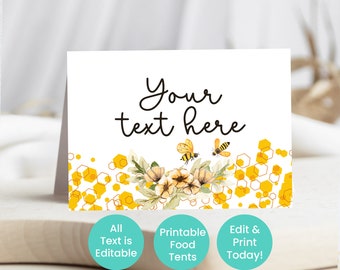 Editable Bumble Bee Food Tent Card | Print at Home Place Card Template | Printable Buffet Tent Card | Bee Theme Baby Shower Food Labels