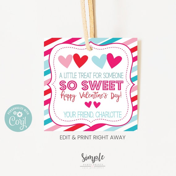 Editable Valentine's Day Printable Tags, A Treat For Someone So Sweet Valentine Label, Classroom Party Favors, Treat Bag Tags, Instant Tag Il_570xn