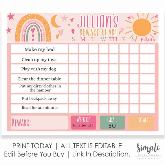 Editable Girls Reward Chart, Personalized Boho Responsibility Chore Chart for kids, Customized Printable Routine Chart, Instant Download Il_570xn