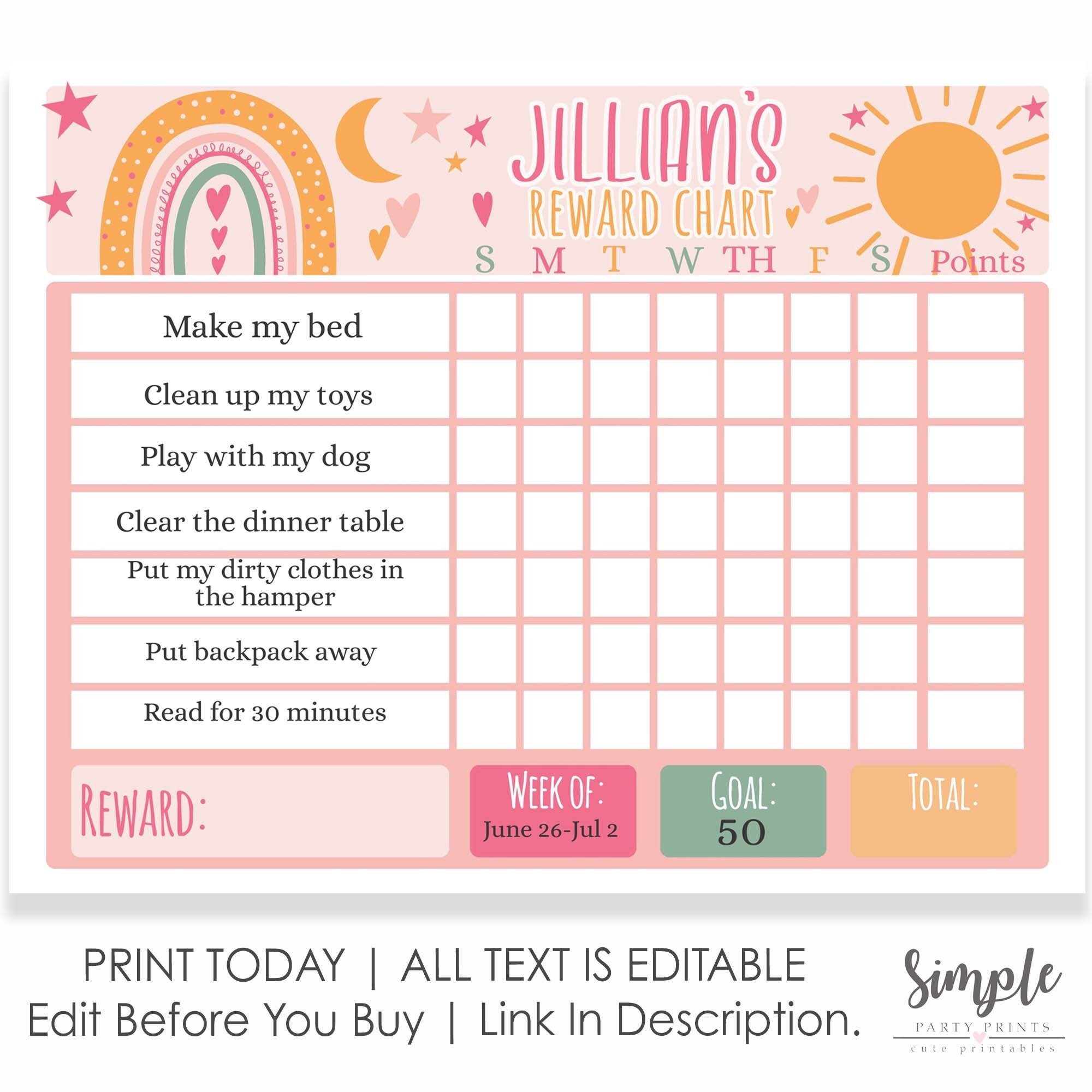 Kids Reward Chart - Printable Chore Charts for Children - Editable ...