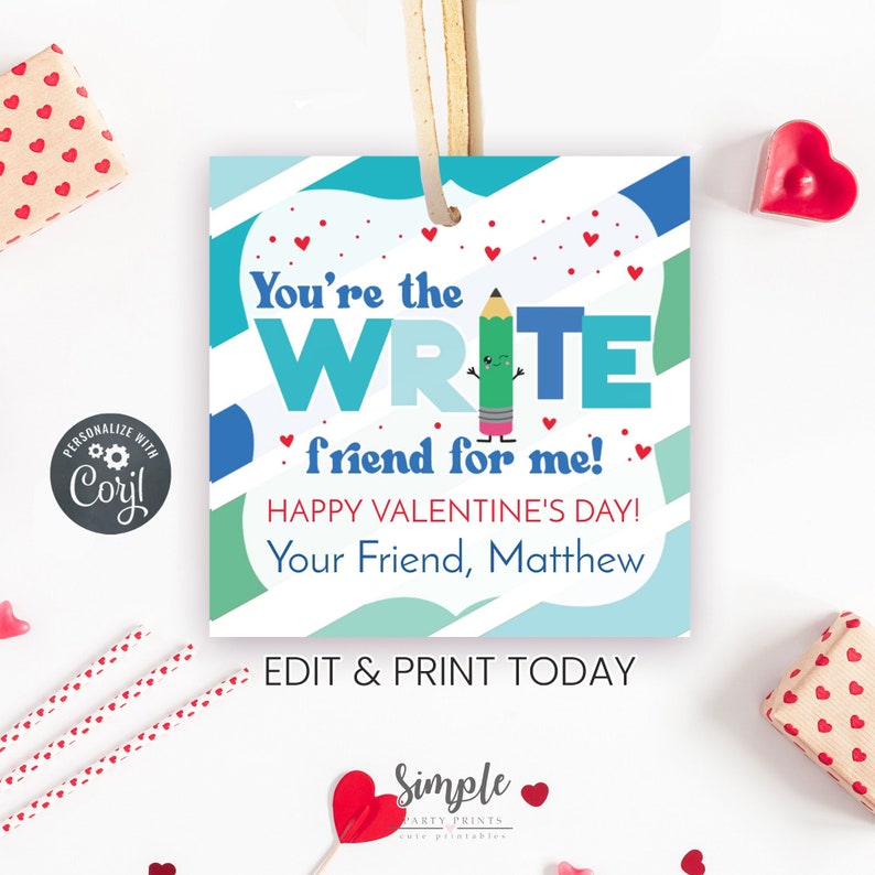 Printable Pencil Valentine's Day Gift Tag for Kids, Non Candy Valentine, Classroom Valentine Exchange, Editable Corjl Gift Tag image 1