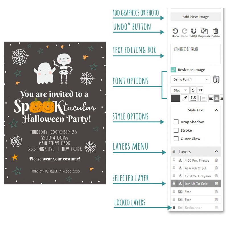 May include: A Halloween party invitation with a black background and colorful graphics. The text reads "You are invited to a Spooktacular Halloween Party!" with a pumpkin and ghost graphic. The invitation includes the date, time, and location of the party.
