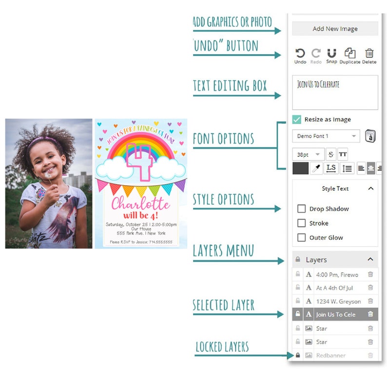 Puede incluir: Una invitaci&oacute;n colorida para una fiesta de cumplea&ntilde;os de 4 a&ntilde;os con un arco&iacute;ris, nubes y el texto "&iexcl;&Uacute;nete a nosotros para un d&iacute;a lleno de diversi&oacute;n! &iexcl;Charlotte cumplir&aacute; 4 a&ntilde;os!" La invitaci&oacute;n incluye la fecha, la hora y el lugar de la fiesta.