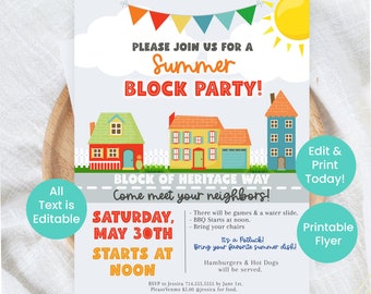 Pode incluir: Flyer imprimível para uma festa de rua de verão no sábado, 30 de maio ao meio-dia. O flyer apresenta uma ilustração colorida de casas e um sol com o texto "Junte-se a nós para uma festa de rua de verão!" e "Block of Heritage Way, Conheça seus vizinhos!"