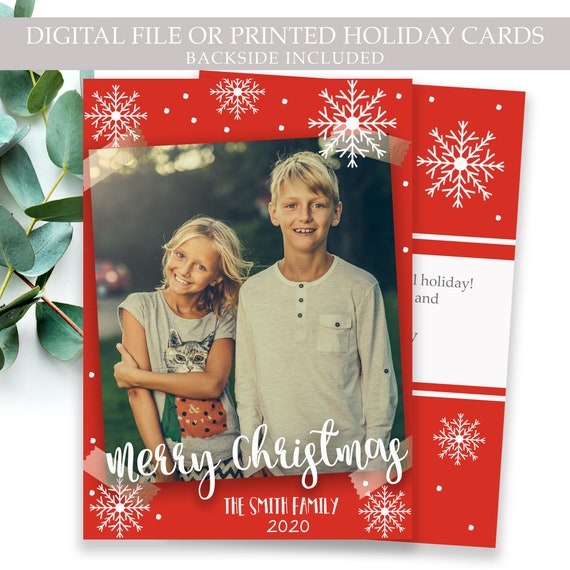 Printable OR Printed Picture Red Christmas Cards with White Snowflakes - Vertical Photo Holiday Cards, Plain Red, Snowflake Holiday Card Il_570xn