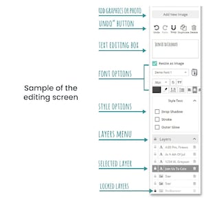 Op de afbeelding: Een screenshot van een grafische ontwerpsoftware-interface. De interface toont een tekstbewerkingsvak, lettertype-opties, stijl-opties, een lagenmenu, een geselecteerde laag en vergrendelde lagen. De tekst in het tekstbewerkingsvak luidt "Join Us To Celebrate".