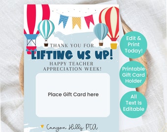 Teacher Gift Card Holder | End of year gifts for Teachers | Thank You For Lifting Us Up Hot Air Balloon Theme | Teacher Appreciation Week