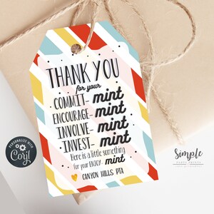 Printable Thank You Tags, Appreciation Tags for Teachers Volunteers and Staff, Mint Tags, Gum Tags, Editable With Corjl, Instant Download