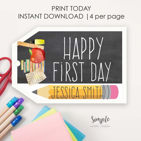 First Day of School Printable Gift Tag, Editable Chalkboard Label, Happy First Day of School Gift, Welcome Back, 1st day Instant Download Il_570xn