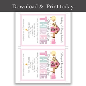 May include: Pink and light blue invitation with a farm theme. The invitation says "Charlotte will be three" and includes a barn, pig, cow, and horse. The invitation says "Please join us for a barnyard bash!" and includes the date, time, and location of the party. The invitation also includes a request to RSVP by a certain date.