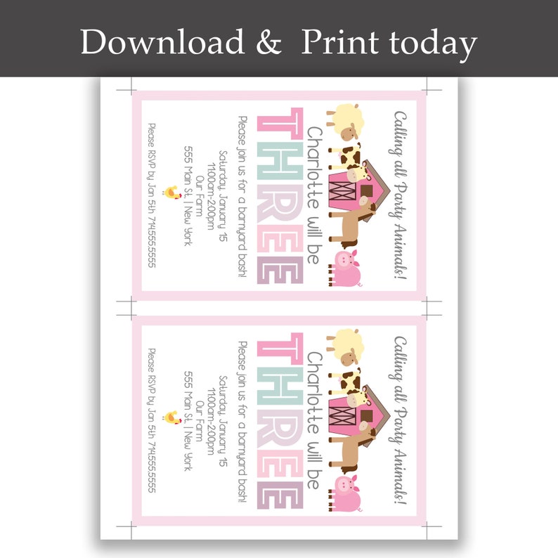 May include: Pink and light blue invitation with a farm theme. The invitation says "Charlotte will be three" and includes a barn, pig, cow, and horse. The invitation says "Please join us for a barnyard bash!" and includes the date, time, and location of the party. The invitation also includes a request to RSVP by a certain date.