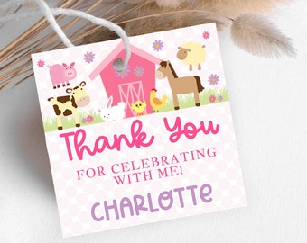 Petting Zoo Animal Birthday Favor Tags | Editable Pink Farm Barnyard 3x3 Template | Kid Barnyard Party Gifts For Friends | Instant Download