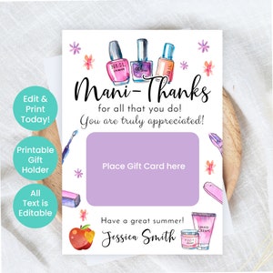 Ausdruckbarer Maniküre-Geschenkkartenhalter, Lehrer-Anerkennungsgeschenke, Lehrer-Anerkennungs-Geschenkkartenhalter, Mani-Pedi-Geschenke für Lehrer, Corjl