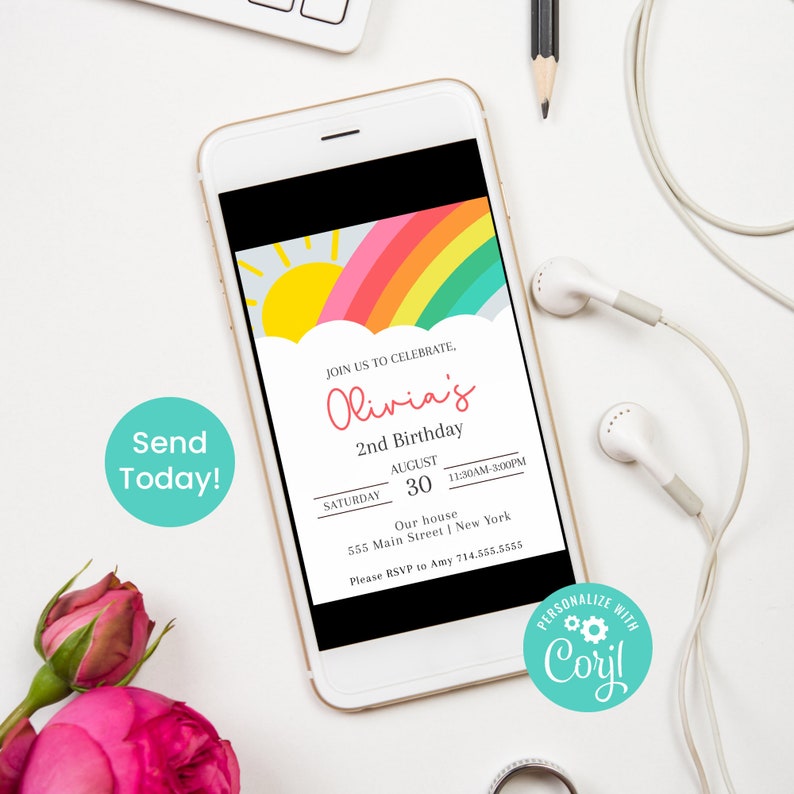 Pu&ograve; includere: Un invito digitale per il secondo compleanno di Olivia. L'invito presenta un arcobaleno, un sole e delle nuvole. La festa si terr&agrave; sabato 30 agosto dalle 11:30 alle 15:00 in 555 Main Street a New York. Si prega di confermare la propria presenza ad Amy al 714.555.5555.