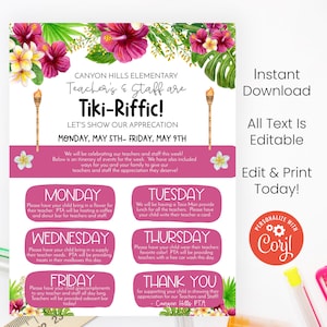 Editable Hawaiian Luau Themed Teacher Appreciation Instructions Template, Printable Tropical Themed Flyer, Tiki-Riffic Flyer, Edit In Corjl