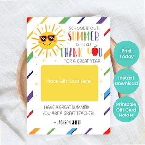 Plantilla imprimible para titular de tarjeta de regalo de fin de año escolar, el verano está aquí, ideas de regalos para maestros, regalos para voluntarios y asistentes de maestros
