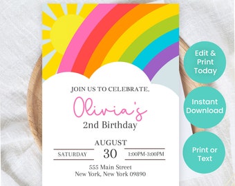 Rainbow Birthday Invitation, Editable Rainbow Invitations, Printable Rainbow Party Invite, Girls Birthday Kids Party Invite Template, P7