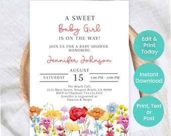 Wildflower Baby Shower Invitation | Spring Summer Floral Baby Sprinkle Invitation | Digital Baby Shower Invitation Template | Corjl Edit, WF