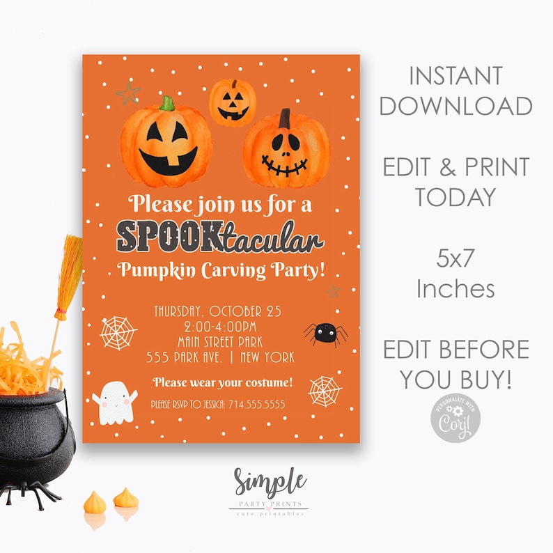 Pu&ograve; includere: Un invito stampabile arancione e bianco per una festa di intaglio di zucche Spooktacular. L'invito presenta tre zucche dei cartoni animati con facce sorridenti e un design a ragnatela. Il testo sull'invito recita "Unisciti a noi per una festa di intaglio di zucche Spooktacular!" e include la data, l'ora, il luogo e le informazioni RSVP. L'invito misura 12,7 x 17,8 cm.