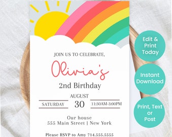 Rainbow Birthday Invitation, Editable Rainbow Invitations, Printable Rainbow Party Invite, Girls Birthday Kids Party Invite Template, LB