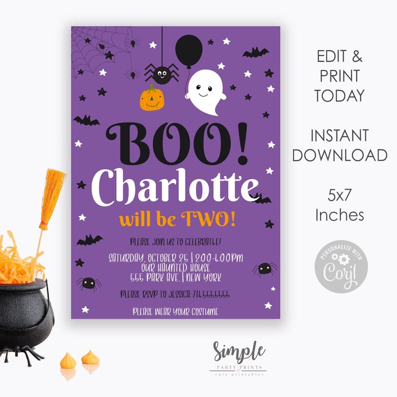 May include: Purple invitation featuring a ghost, spider, and pumpkin. The text reads "BOO! Charlotte will be TWO!" with details for a Halloween party.