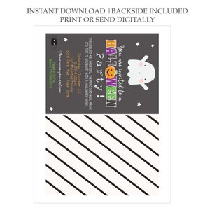 May include: Printable Halloween party invitation with a cute ghost and pumpkin design. The invitation says "You are invited to a Halloween Party!" and includes the date, time, and location of the party. It also says "Please wear your costume" and includes a phone number to RSVP.