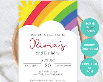Rainbow Birthday Invitation, Editable Rainbow Invitations, Printable Rainbow Party Invite, Girls Birthday Kids Party Invite Template, P2