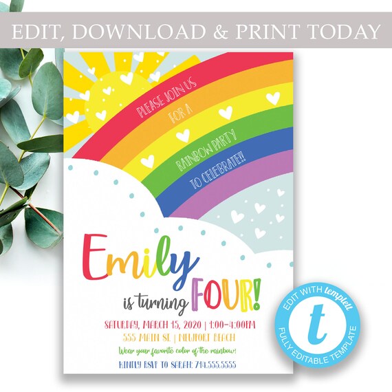Rainbow Birthday Invitation | Rainbow Invitations | Rainbow Party Invite | First Second Birthday | Heart | Picture | Girls Birthday DIY Il_570xn