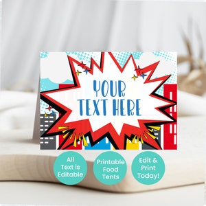 Modelo de etiquetas de alimentos de super-heróis - Decorações de festa de aniversário para impressão - Etiquetas personalizadas - Cartões de lugar - Download instantâneo editável