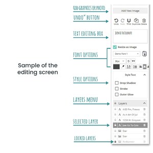 May include: A screenshot of a graphic design editing software interface. The interface shows a sample text layer with the text "Join Us To Celebrate" and options for adding graphics, text, and font styles. The interface also shows a layers menu with a list of layers, including a selected layer and locked layers.