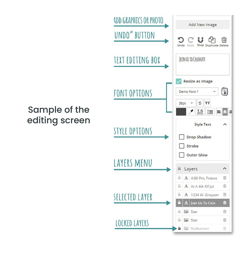 May include: A screenshot of a graphic design editing software interface. The interface shows a sample text layer with the text "Join Us To Celebrate" and options for adding graphics, text, and font styles. The interface also shows a layers menu with a list of layers, including a selected layer and locked layers.