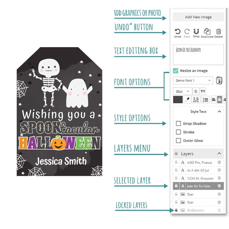 May include: A black and white Halloween-themed gift tag with a skeleton and ghost graphic. The text reads "Wishing you a SPOOKtacular HALLOWEEN" with a personalized name "Jessica Smith".