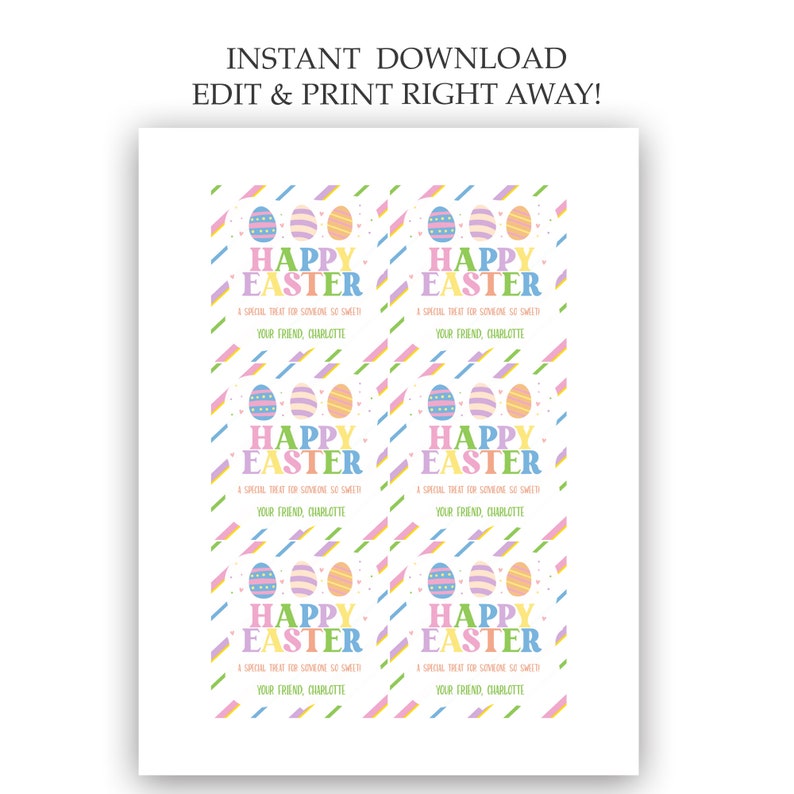 K&ouml;nnte beinhalten: Druckbare Ostergeschenkanh&auml;nger mit einem farbenfrohen Osterei-Design und dem Text "Frohe Ostern". Die Anh&auml;nger enthalten auch den Text "Ein besonderes Geschenk f&uuml;r jemanden, der so s&uuml;&szlig; ist" und "Dein Freund, Charlotte".