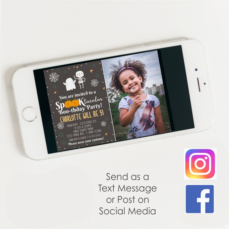 May include: A black and white Halloween party invitation with a ghost and skeleton graphic. The invitation says "You are invited to a Spooktacular Boo-thday Party! Charlotte will be 51." The invitation includes the date, time, location, and phone number. It also says "Please wear your costume!"