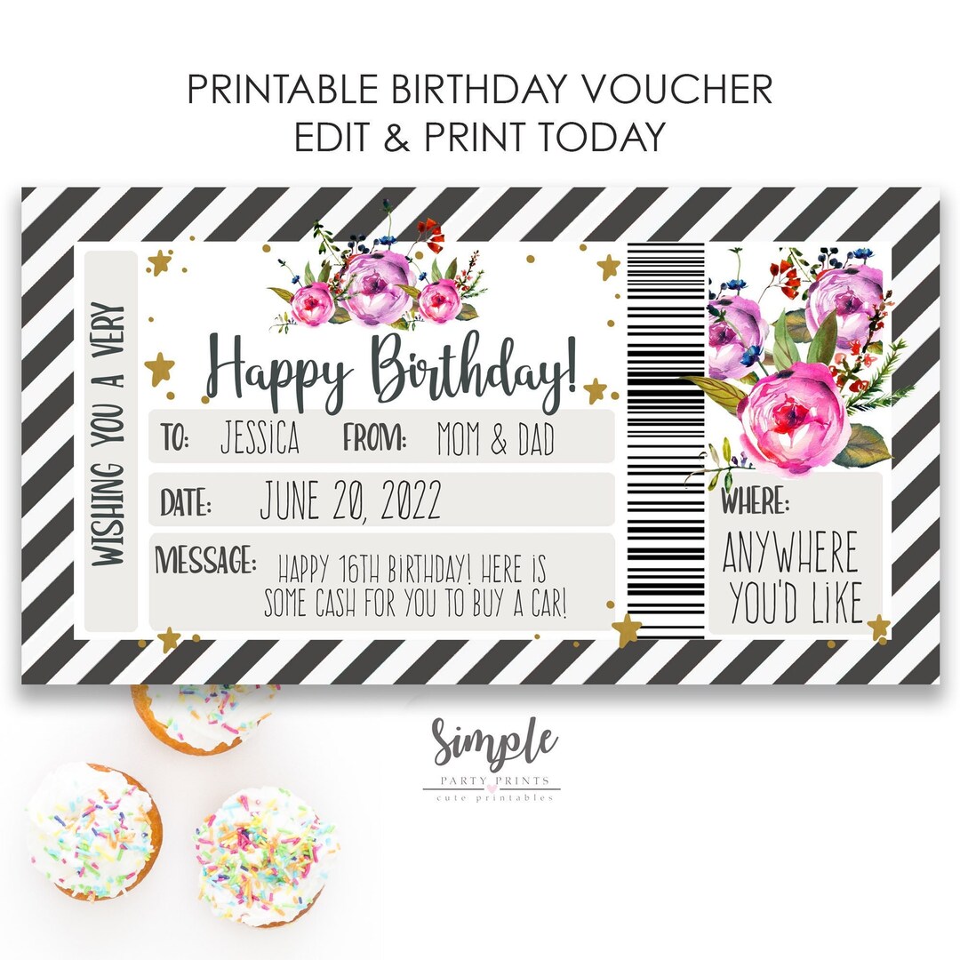 Editable Birthday Gift Voucher, Printable Bday Certificate Template ...