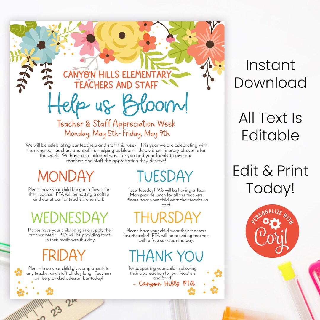 Printable Floral Teacher Appreciation Flyer, TAW Instructions, Thank ...