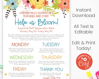 Printable Floral Teacher Appreciation Flyer, TAW Instructions, Thank You For Helping Us Bloom Flyer, Editable with Corjl, Instant Download