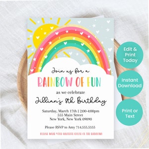 Rainbow Birthday Party Invitations, Girl Birthday Invite, Editable Printable Invites, Rainbow Theme Party, Digital Download Invitation LB