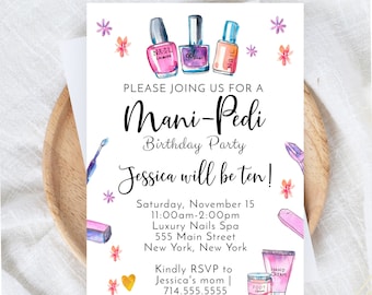 Peut inclure: Invitation à une fête d'anniversaire Mani-Pedi pour Jessica, qui a dix ans. La fête aura lieu au Luxury Nails Spa le samedi 15 novembre de 11h00 à 14h00. L'adresse est 555 Main Street, New York, New York. Veuillez contacter la mère de Jessica au 714.555.5555 pour confirmer votre présence.