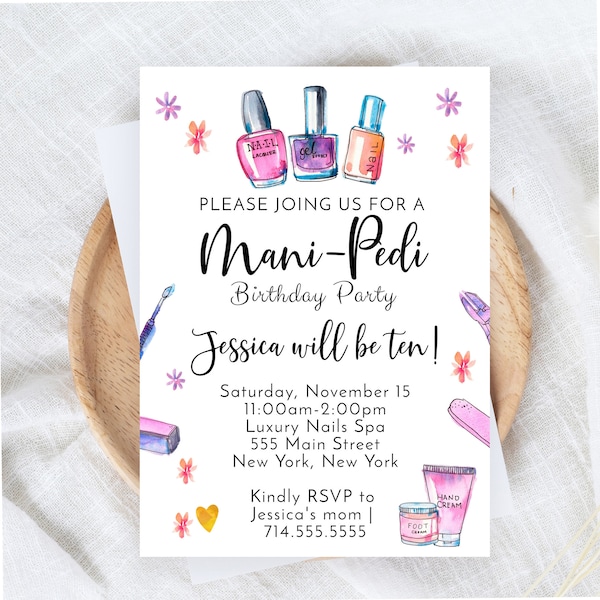 Mani Pedi Birthday Party Invitations, Girl Birthday Invite, Editable Printable Invites, Nail Salon Theme Party, Digital Download Invitation