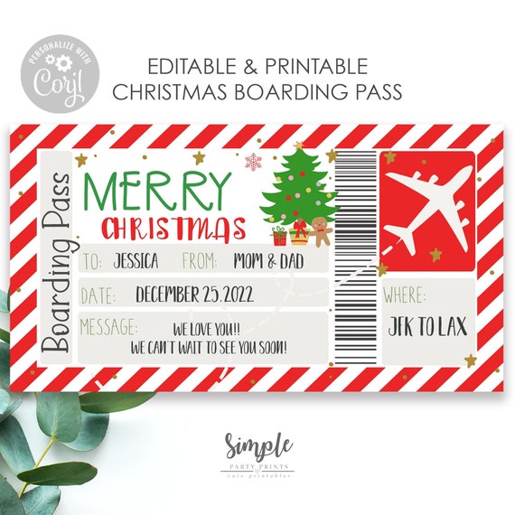 Printable Boarding Pass Template Surprise Trip Plane Ticket Christmas Gift, Personalized Airplane Flight - INSTANT DOWNLOAD text EDITABLE Il_570xn
