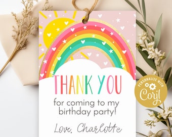 May include: A pink thank you tag with a rainbow, sun, and stars. The text reads "THANK YOU for coming to my birthday party! Love, Charlotte".