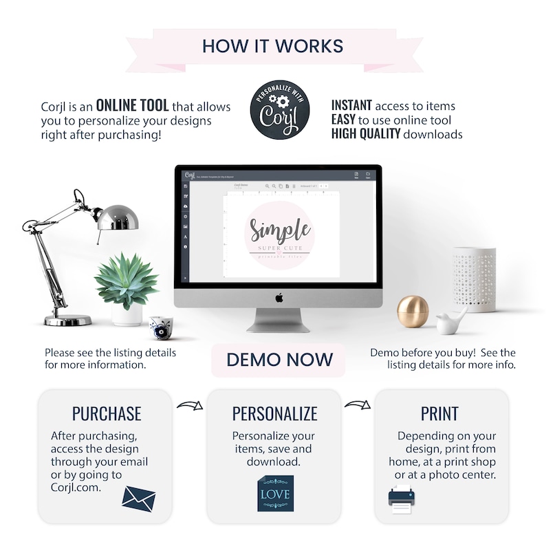 May include: A graphic showing how to use Corjl, an online tool to personalize designs. The graphic shows a computer screen with a design that says "Simple Super Cute". The graphic also shows three steps: Purchase, Personalize, and Print.