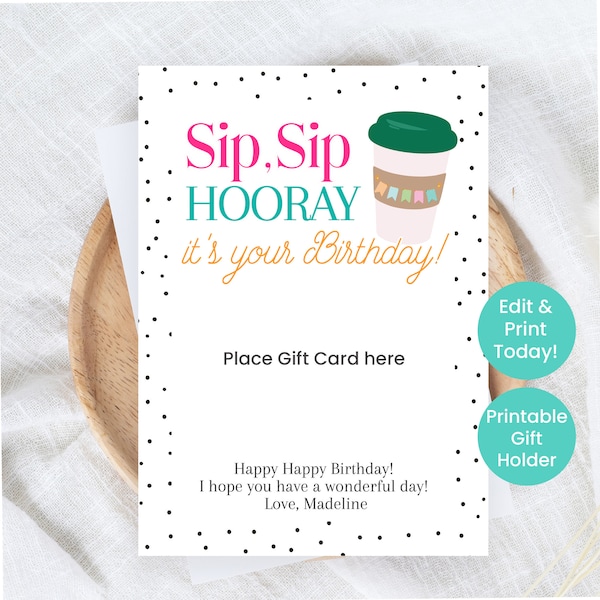 Happy Birthday Gift Card Holder, Editable Bday Printable Gift Cards, Gifts for friends Co-workers or Family, Starbucks Gift Instant Download