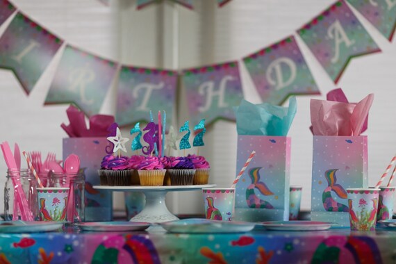 Mermaid Birthday Party Kits, Mermaid theme decorations, Pink Teal Purple, banner, cupcake toppers, cups, napkins, favor bags, straws Il_570xn
