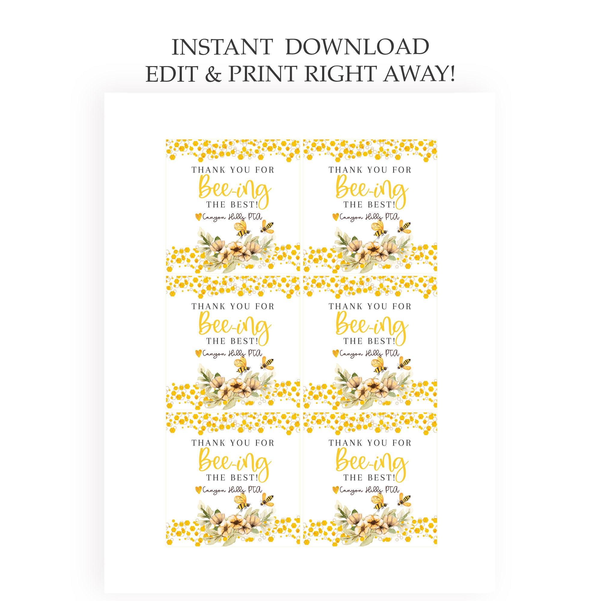 Bumble Bee Teacher Appreciation Tags, Printable Thank You for Beeing ...