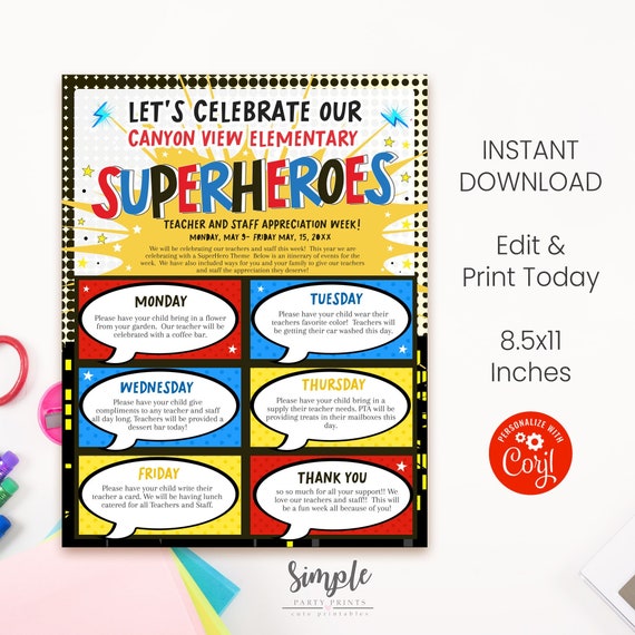 Editable SuperHero Flyer, Teacher Appreciation Instructions Flyers, Super Hero Themed Flyer, Printable Flyers, Superheroes Instant Download Il_570xn