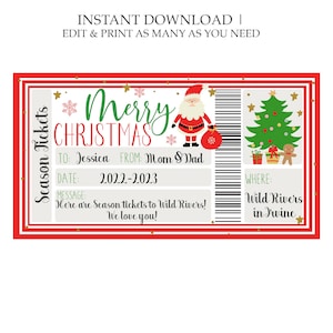 May include: A printable Christmas ticket with a red border and gold stars. The ticket says "Merry Christmas" and has a Santa Claus illustration. The ticket is for "Season Tickets" to "Wild Rivers in Irvine" for the date "2022-2023".