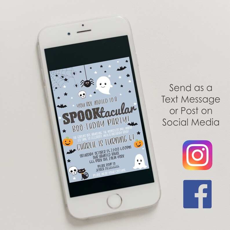 May include: A blue and white digital invitation for a Spooktacular Boo-thday party. The invitation features a ghost, spider, and bats. The text reads "You are invited to a Spooktacular Boo-thday Party!" and "Charlie is turning 4!" The invitation also includes the date, time, and location of the party.